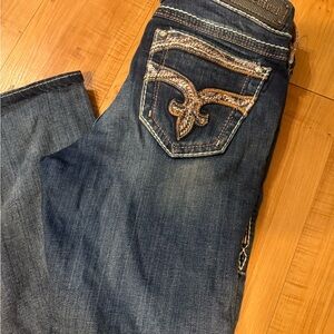 Rock Revival Dark Blue Boot Cut Jeans with Embroidered Pocket, like new 28x32,